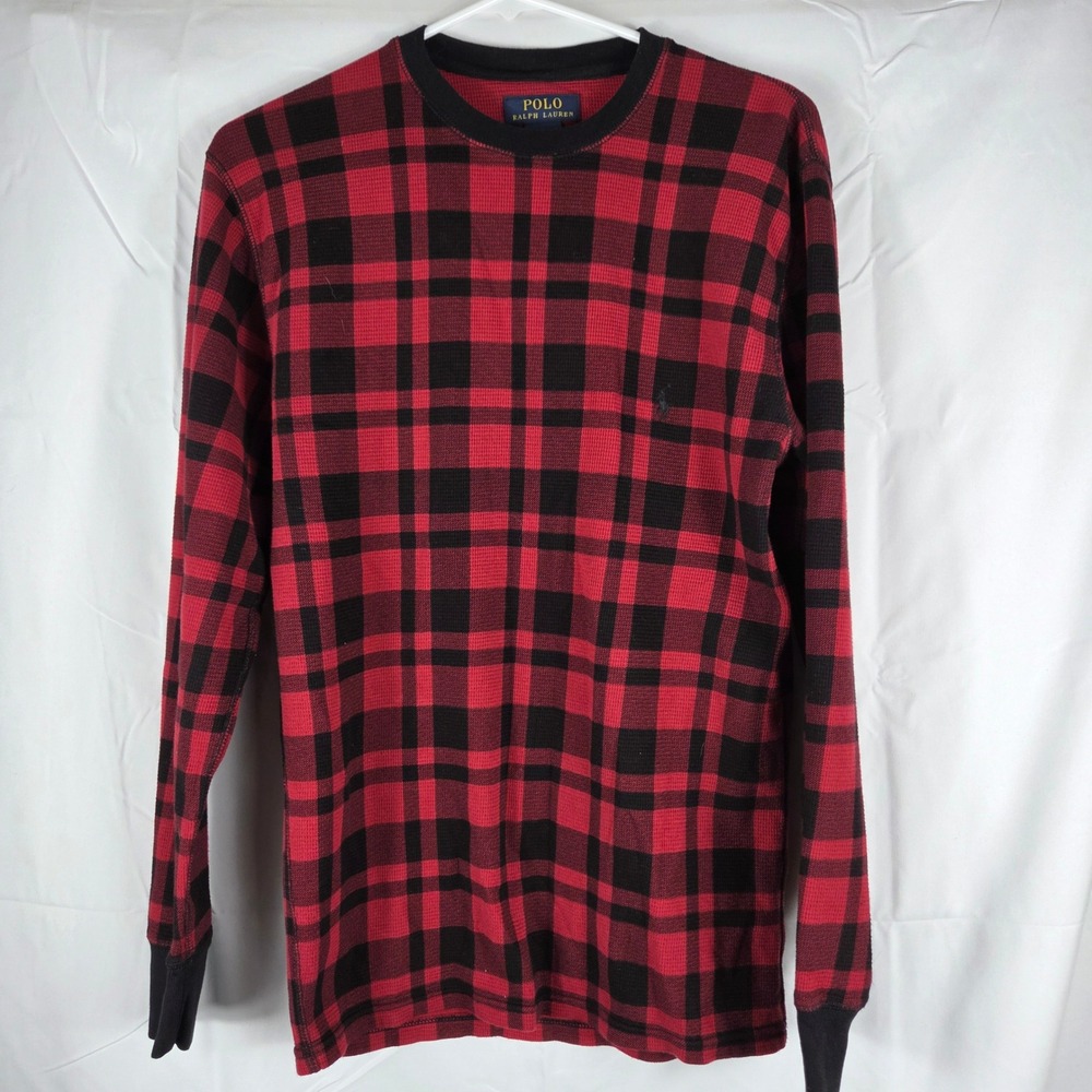 Polo Ralph Lauren Mens Medium Red Black Buffalo Plaid Waffle Knit Thermal Shirt